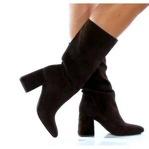 Farylrobin Free People Black Suede‎ Slouch Mid Calf Boots Heeled Square 9.5 NEW
